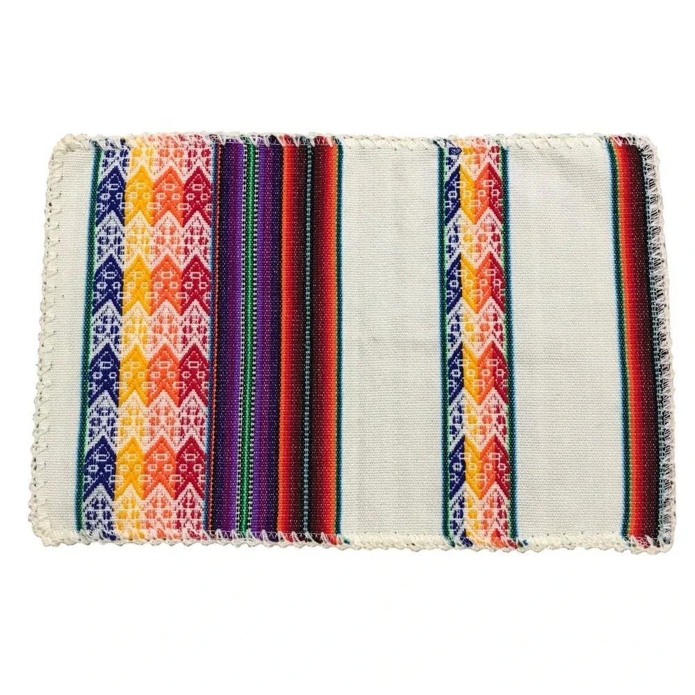 Handwoven Peruvian Textile Placemat Rainbow Geometric Stripe Crochet Trim 16x11